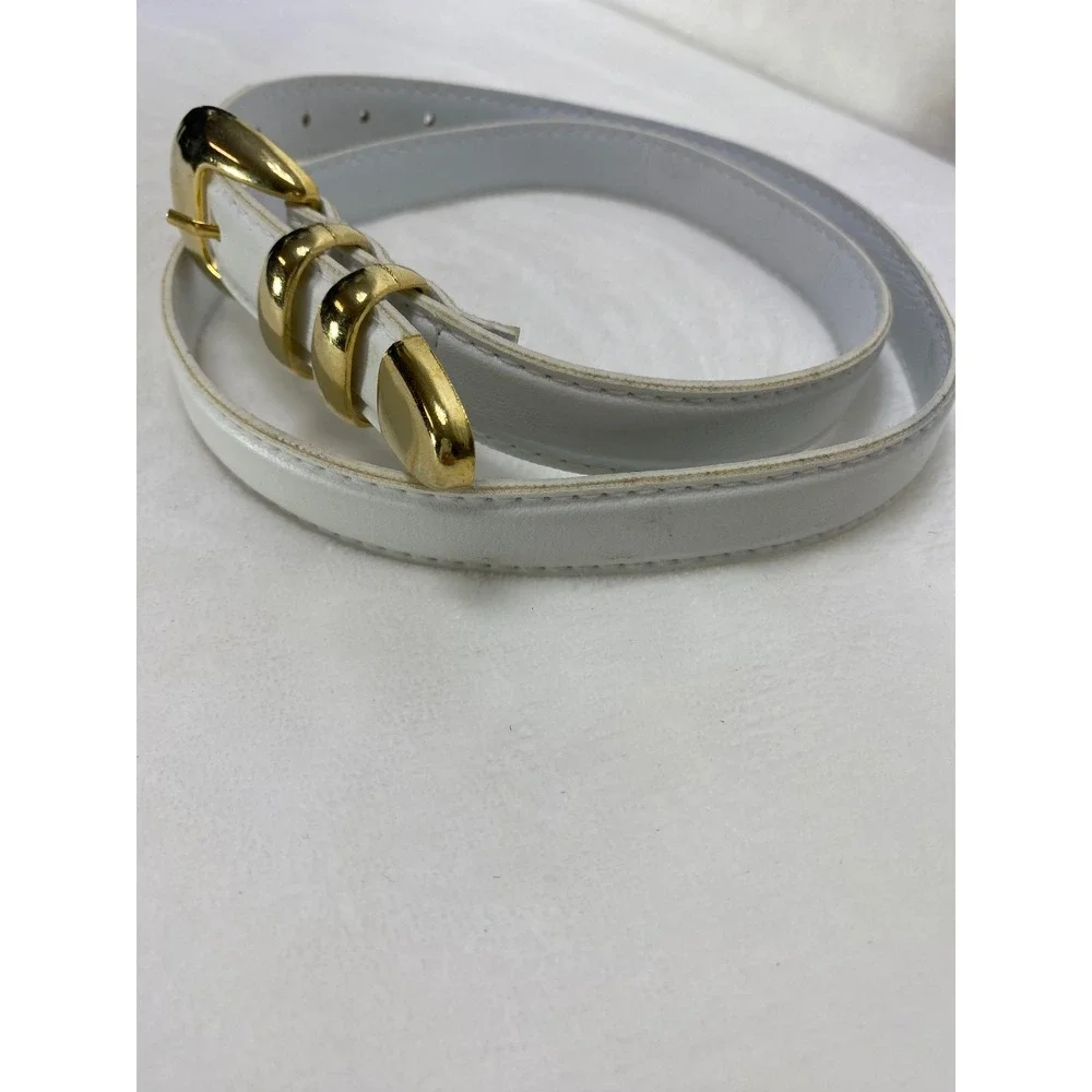 VTG Womens White Leather Skinny Dressy Belt Gold Tone‎ Buckle Metal Tip 37 Inch